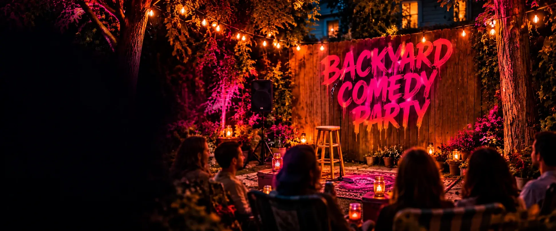 Backyard Comedy Party stage beneath warm string lights, with a pink fence logo and seated audience