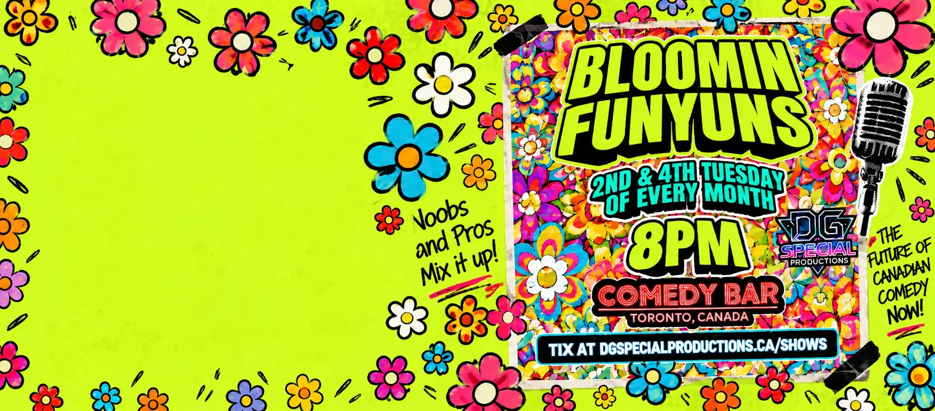 Colourful hand-drawn flowers surrounding the Bloomin Funyuns poster on a lime background