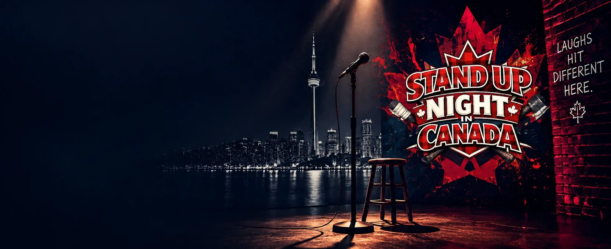 Toronto skyline and a comedy stage with a microphone, stool and Stand Up Night in Canada plaid maple-leaf logo