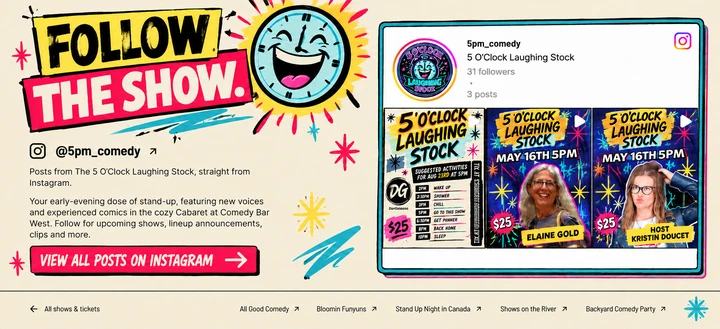 Follow the show. @5pm_comedy. The 5 O’Clock Laughing Stock photos and show highlights. View all posts on Instagram.